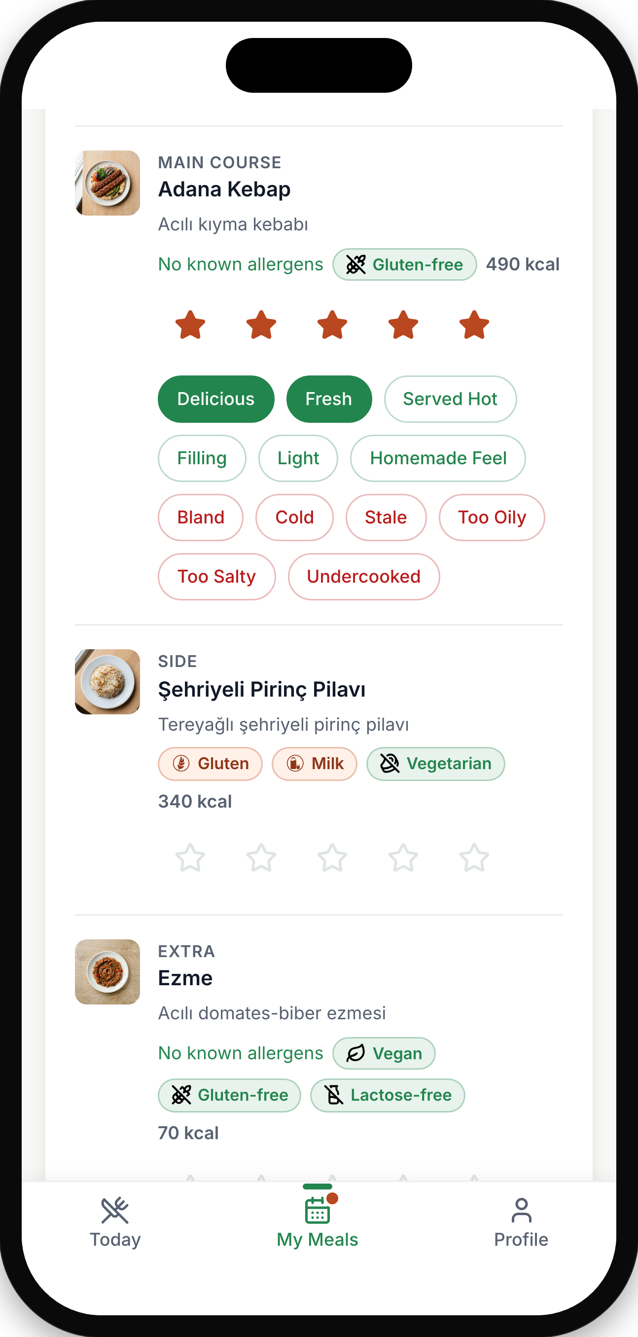 Employee meal rating screen