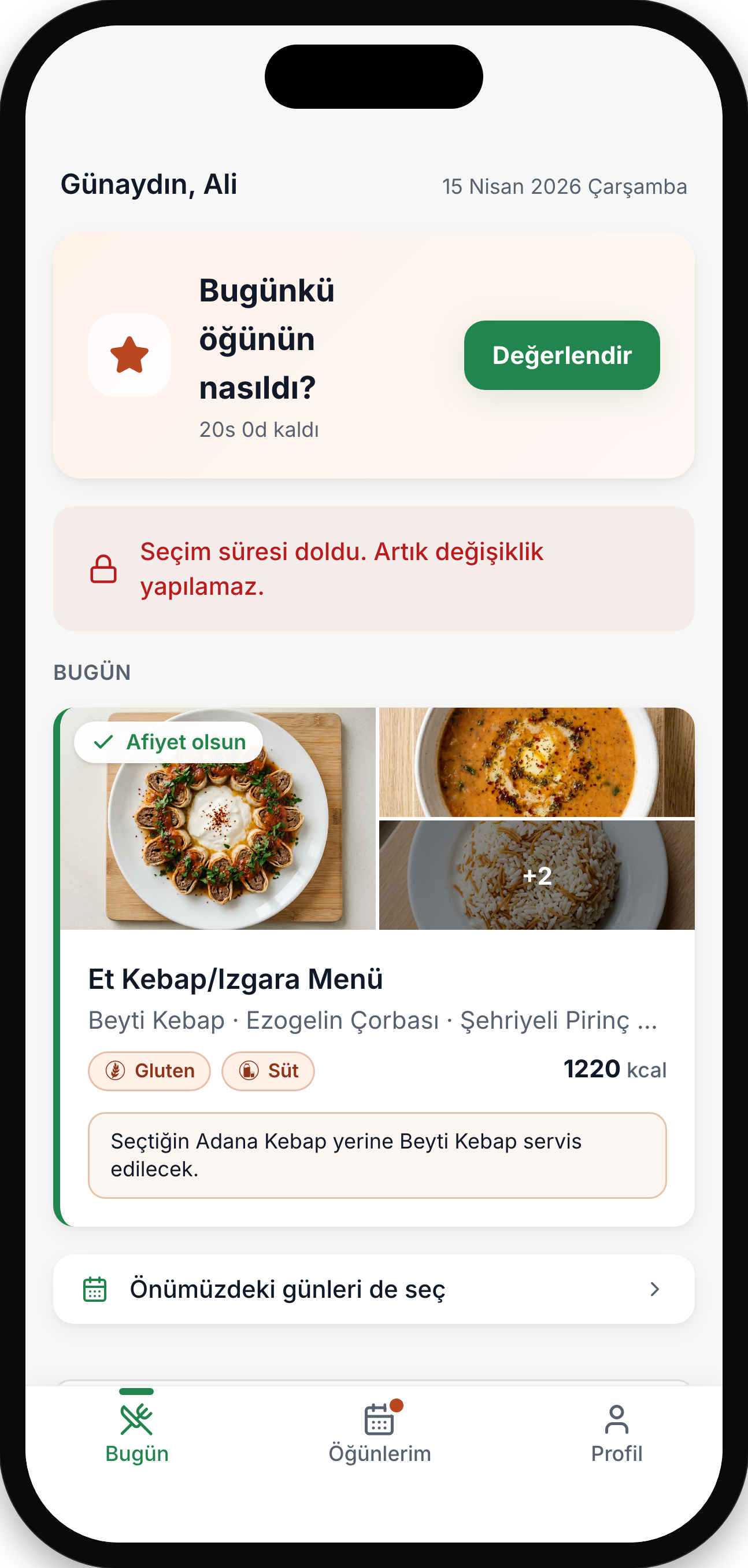 Çalışan menü seçim ekranı