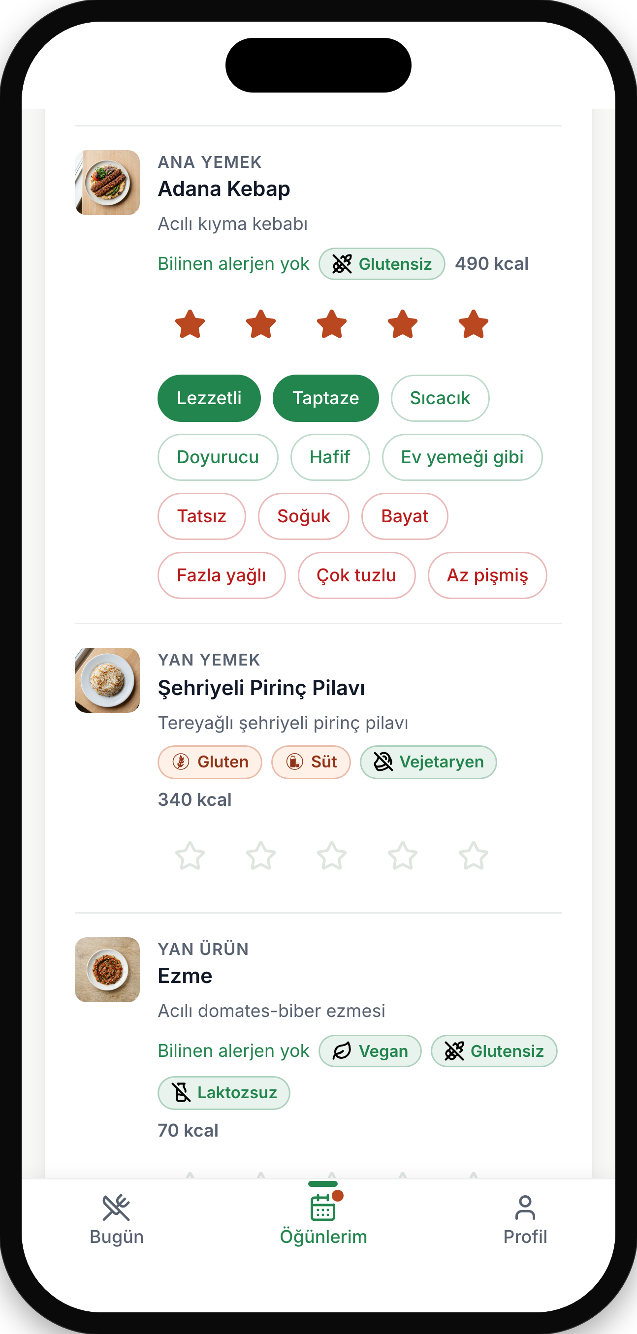 Çalışan yemek puanlama ekranı