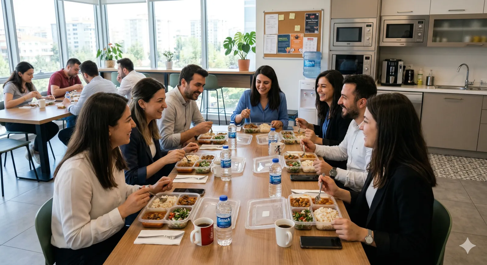 Team eating lunch together in office