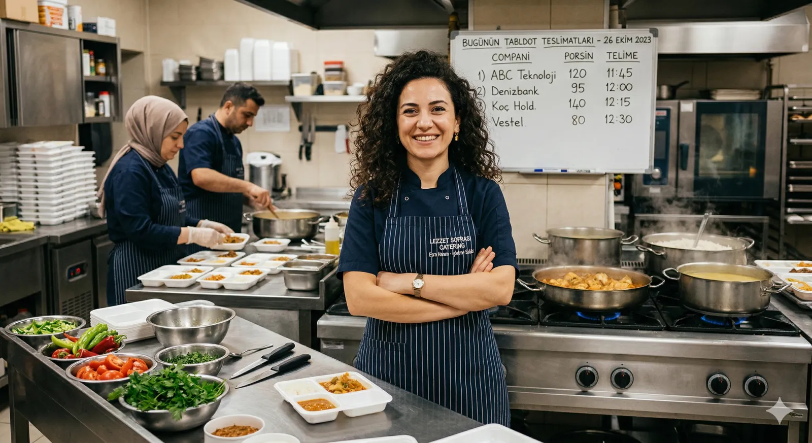 Caterer owner posing confidently in kitchen