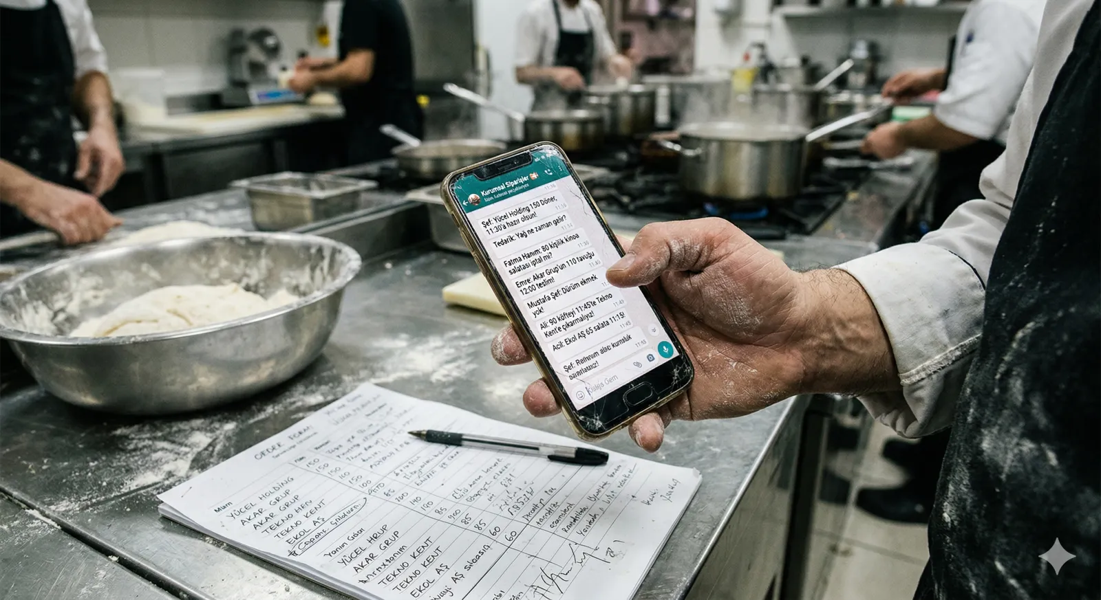 Caterer phone showing messy WhatsApp groups and spreadsheets